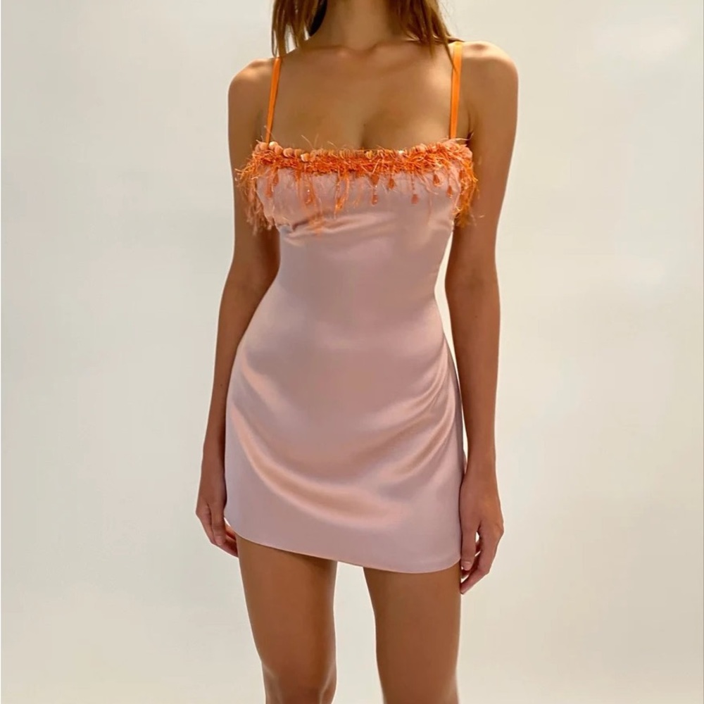 Danielle Guizio Pink and Orange Satin Beaded Mini Dress Size Small